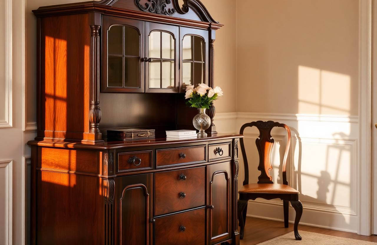Antique mahogany cabinet and chair in warm interior light