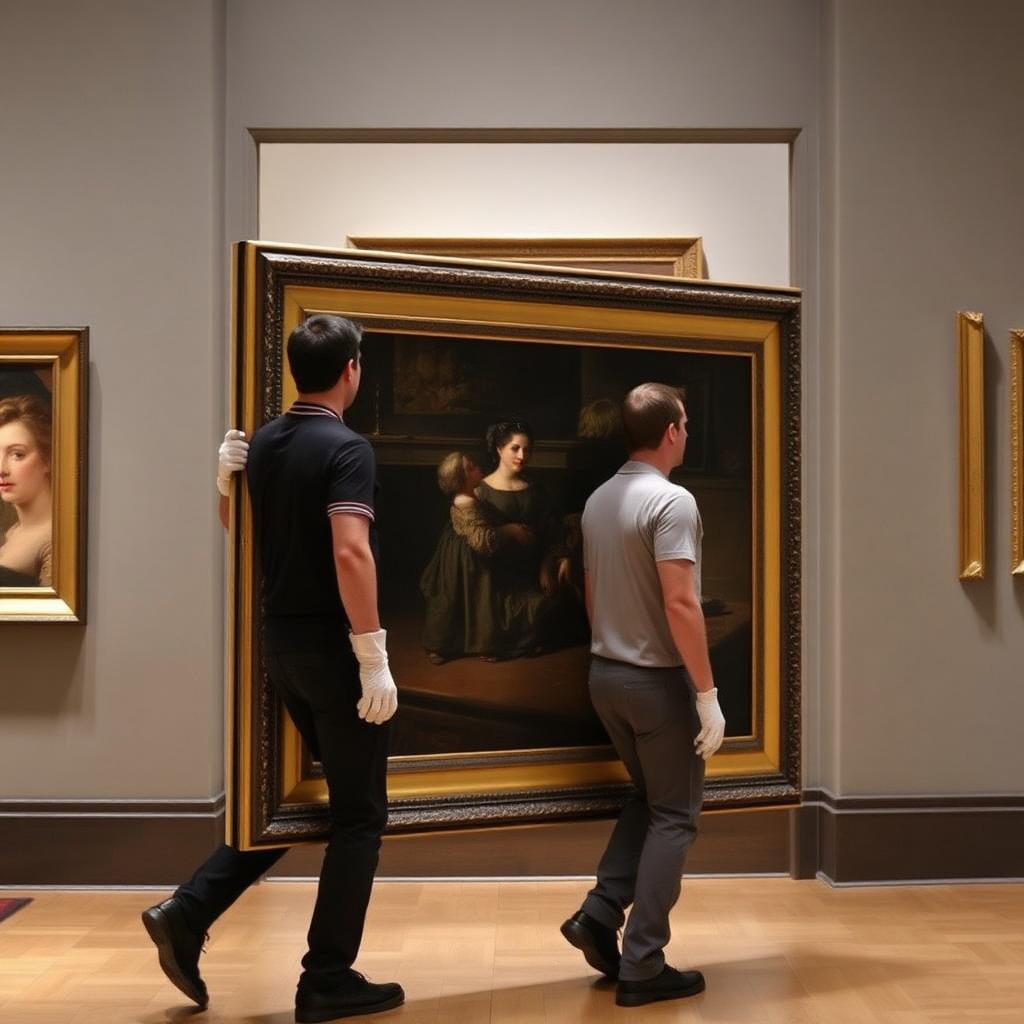 Art handlers carrying a large framed oil painting