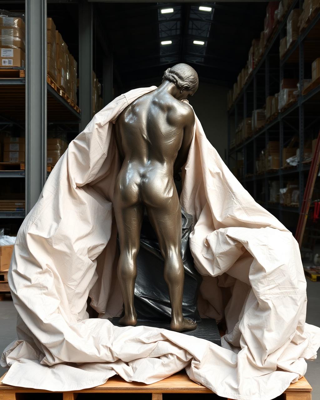 Bronze sculpture wrapped in moving blankets