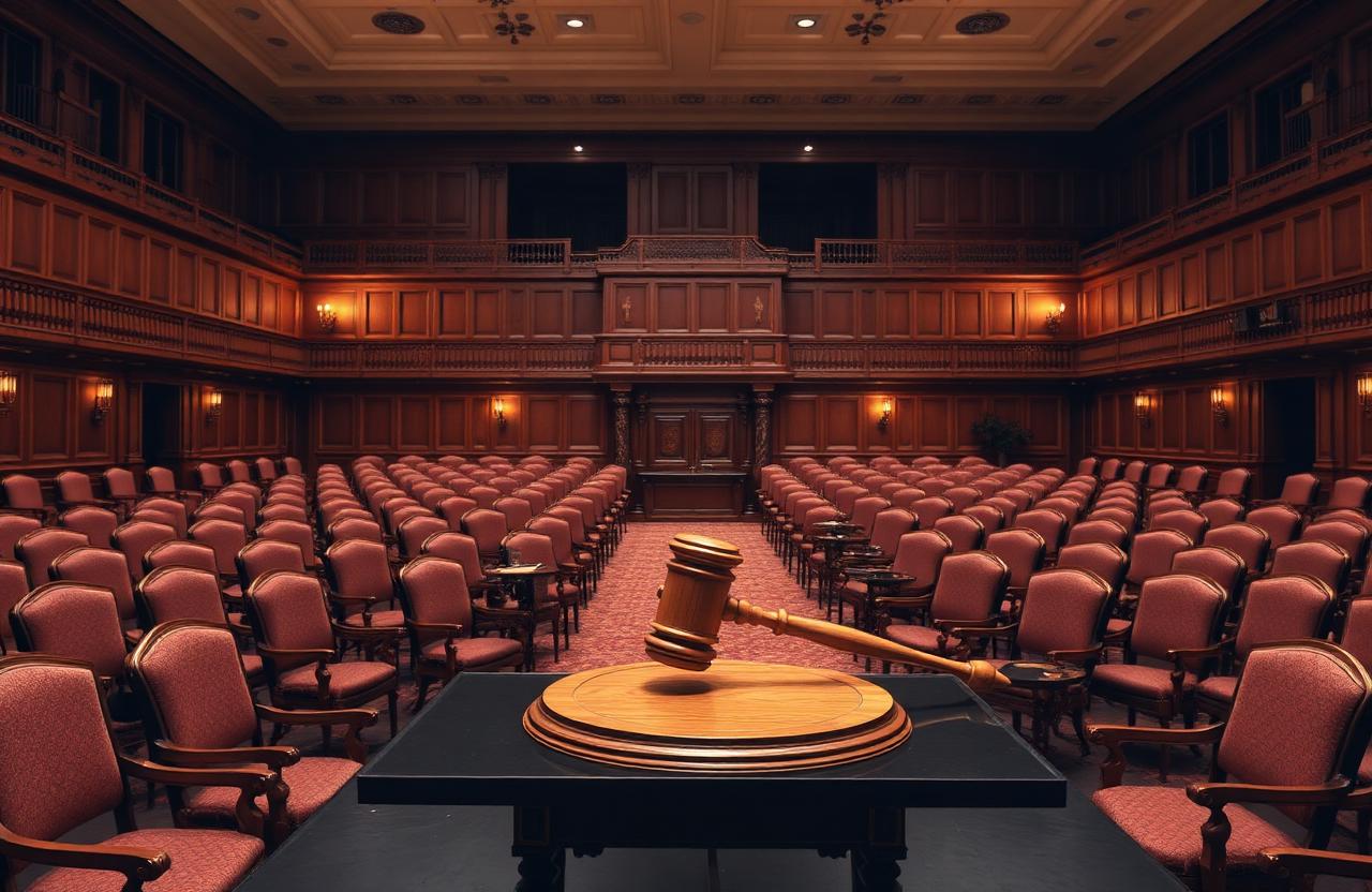 Interior of a wood-paneled auction house with red upholstered chairs