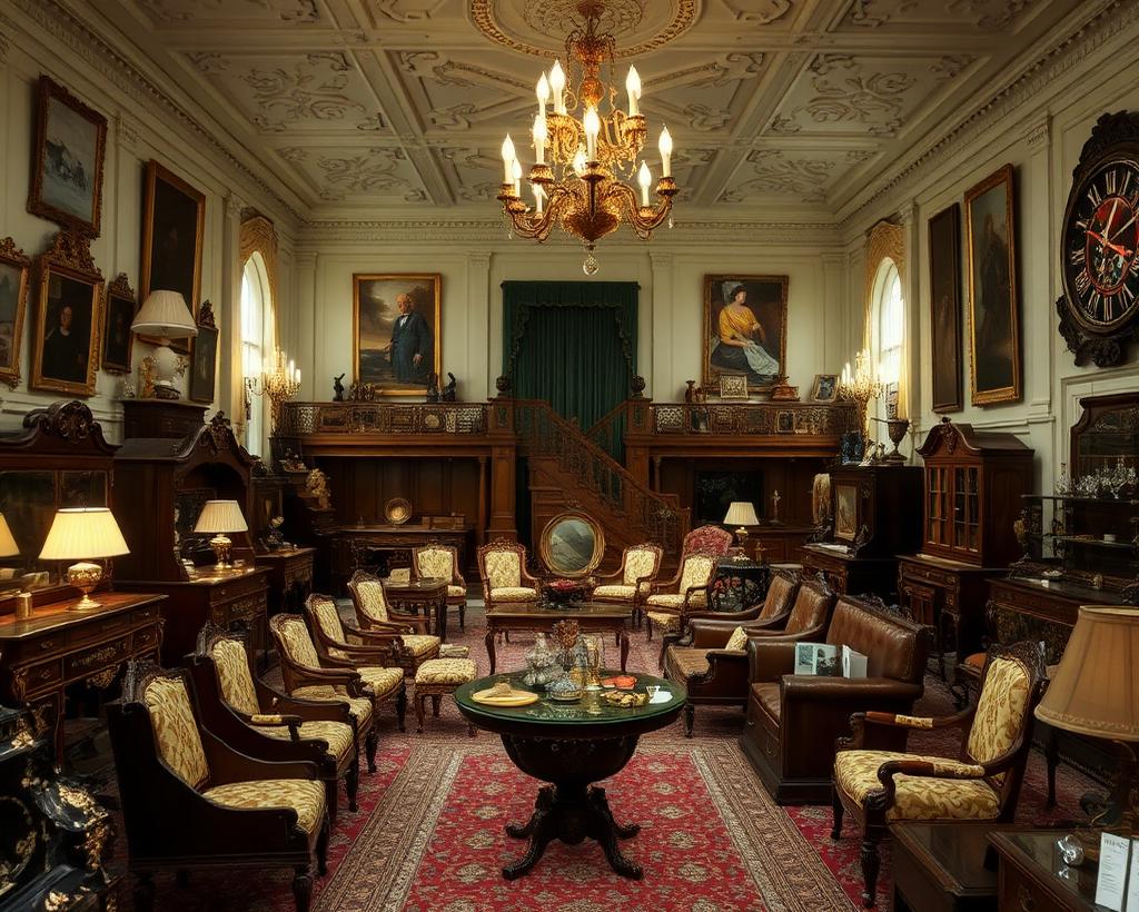 Auction house interior with antique lots displayed