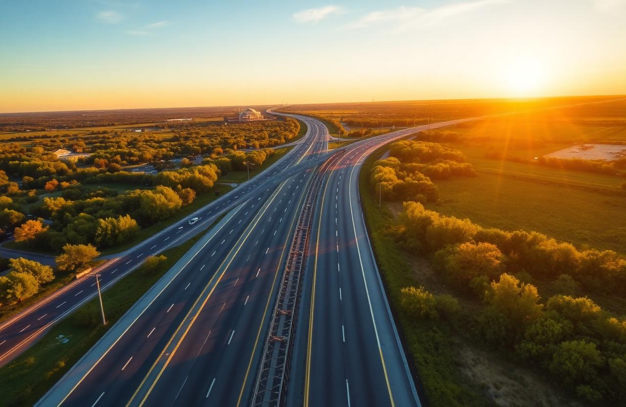 Aerial view of I-95 highway at golden hour with green landscape