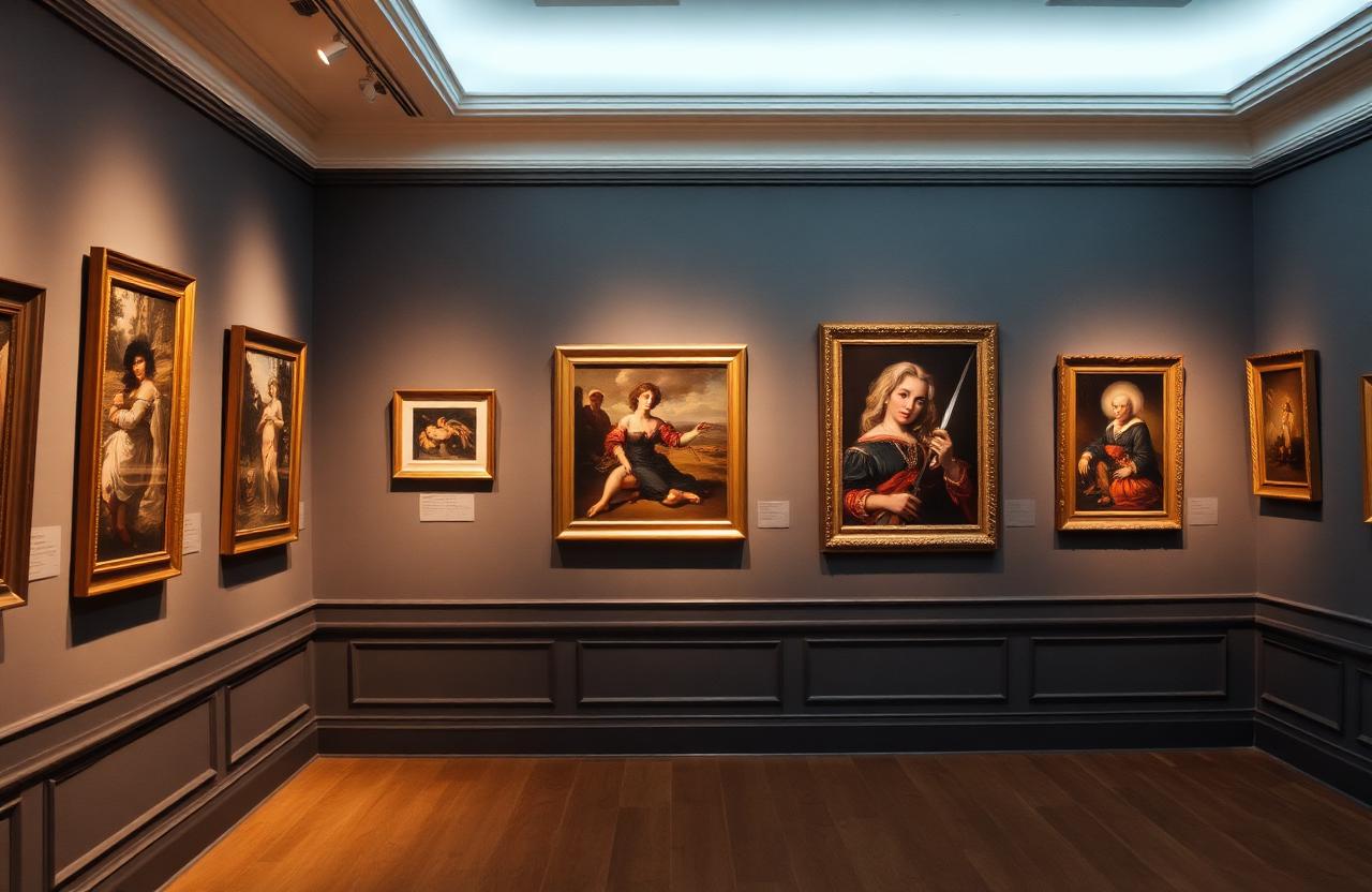 Gallery wall with framed fine art paintings under museum lighting