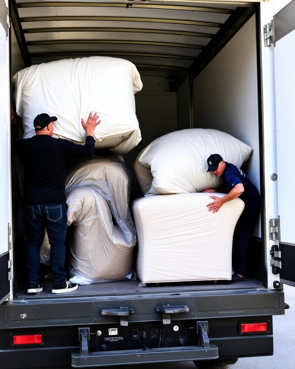 Movers loading wrapped furniture into a truck