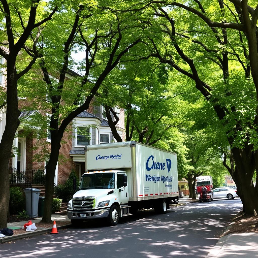 Moving truck parked on residential street