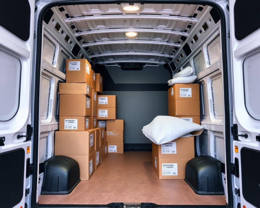 Interior of cargo van with neatly stacked boxes