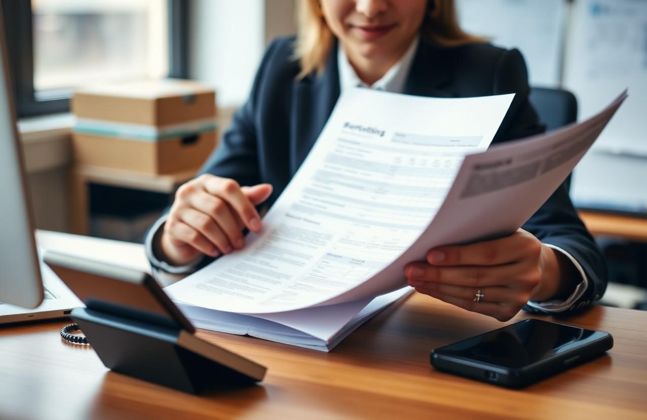 Professional reviewing shipping documents at a desk