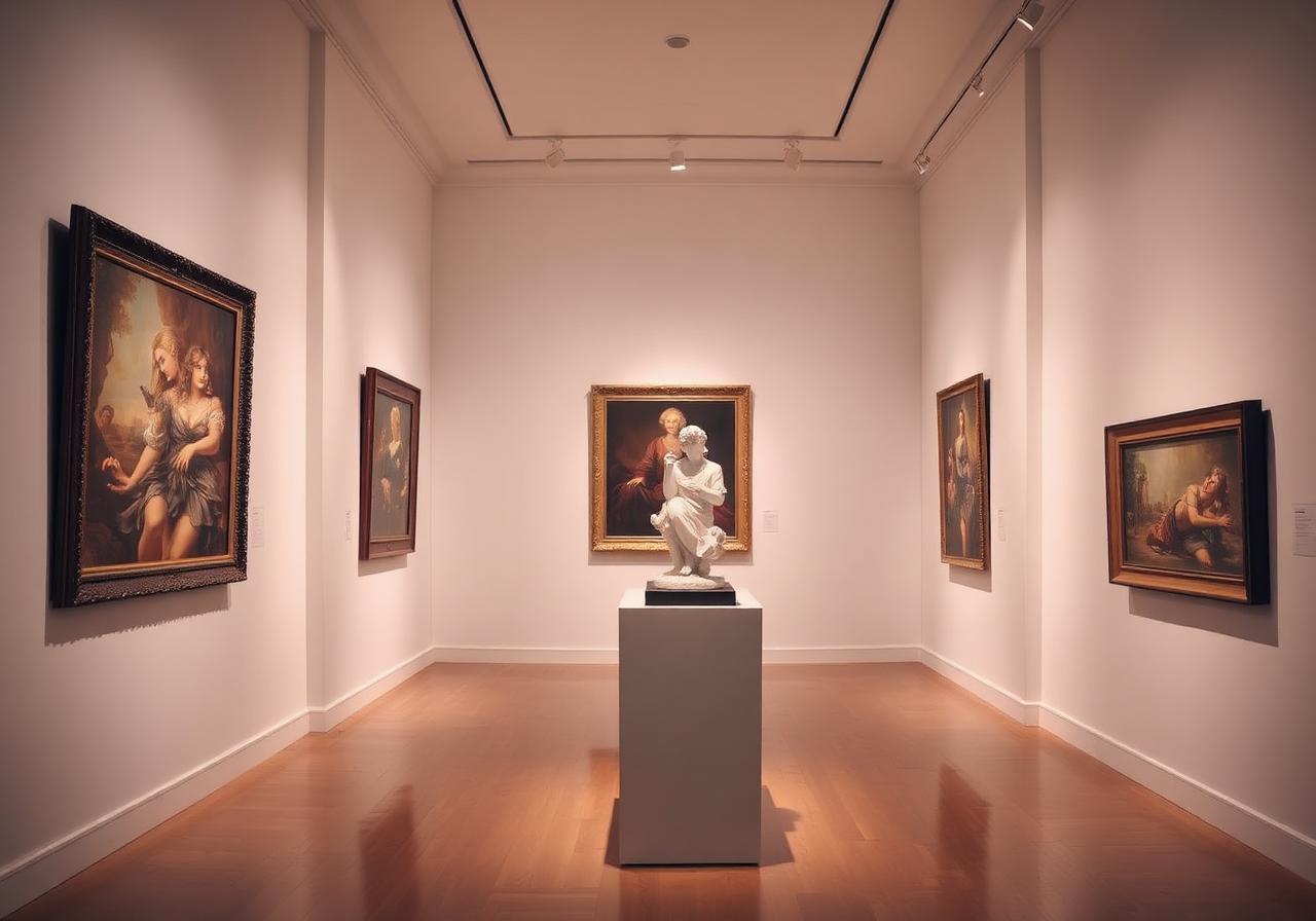 Art gallery interior with framed paintings and sculpture