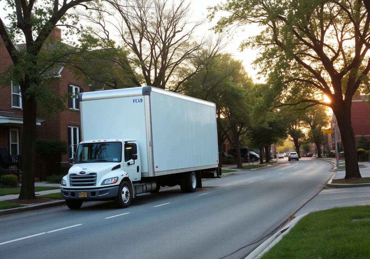 Moving truck on a tree-lined East Coast residential street