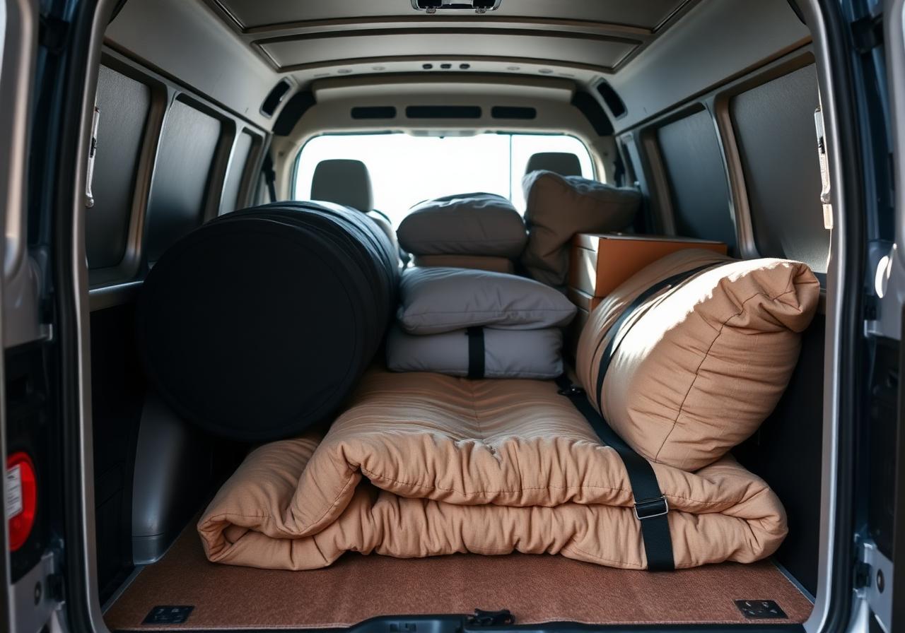 Cargo van interior with blanket-wrapped freight
