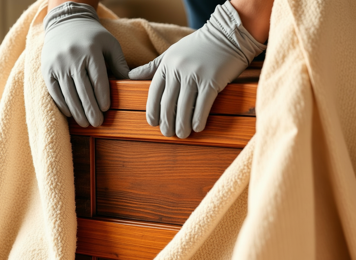 Gloved hands carefully wrapping antique furniture