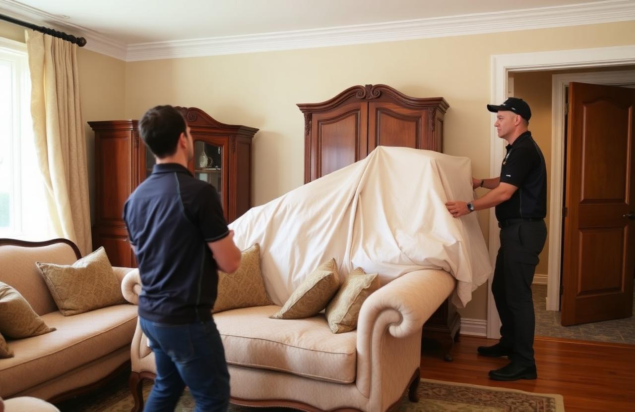 Two professional movers carefully wrapping antique furniture in a home
